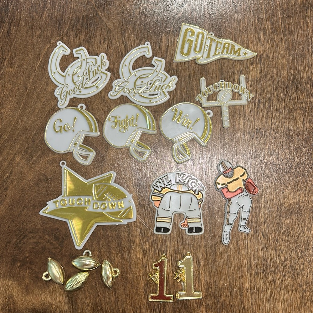 Homecoming Variety White & Gold FOOTBALL charms / trinkets (12) mums & Garters